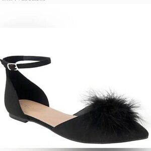 BCBGeneration Kassia Feather Ankle Strap Flats | Black | Size 9.5